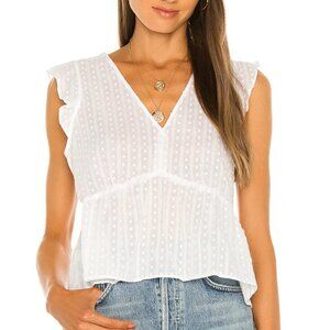 Revolve BCBGeneration Striped Dobby Blouse in Optic White Sheer Ruffled Peplum